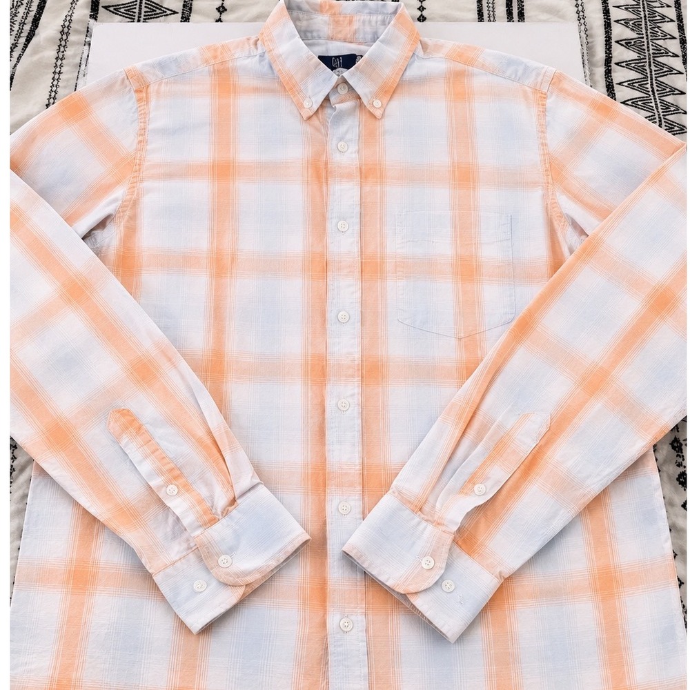 George Classic Fit Mens Large Orange White Plaid Long Sleeve Button Down Shirt